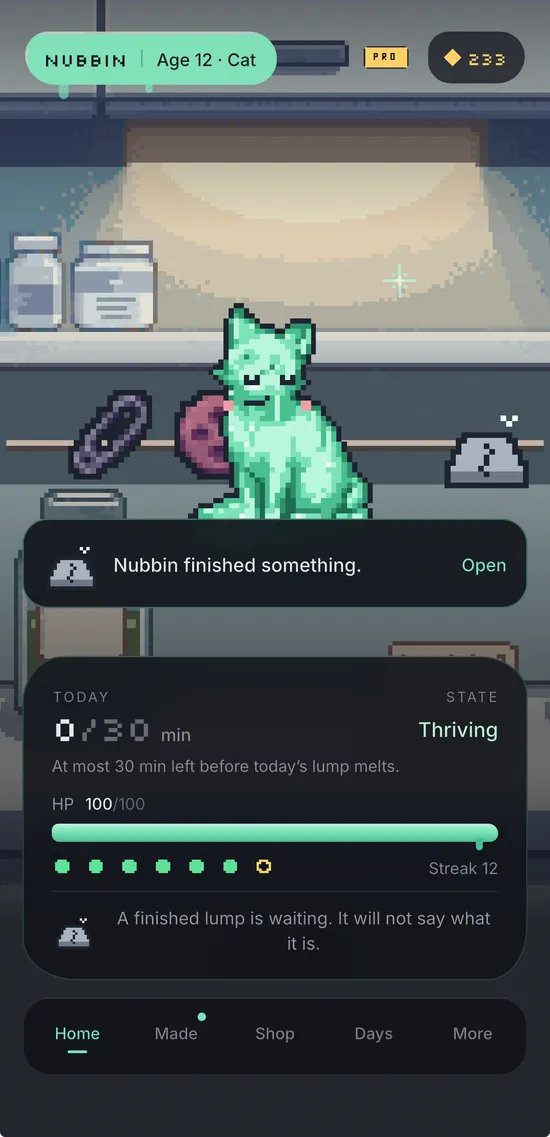 Nubbin app showing a pixel-art pet, selected-app time, pet condition and daily progress